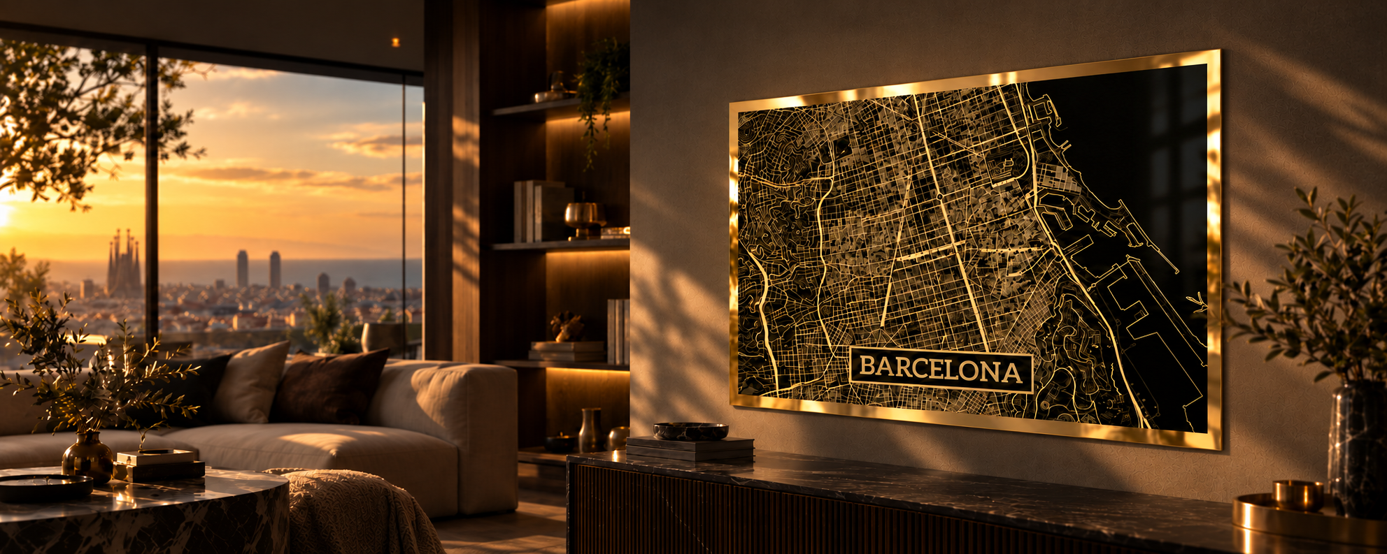 Golden Maps mirror-gold Barcelona map framed above a console table in a luxury living room